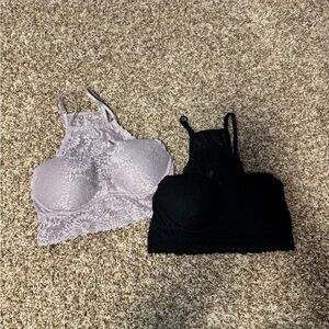 Lace Halter Bralette Set - Black and beige